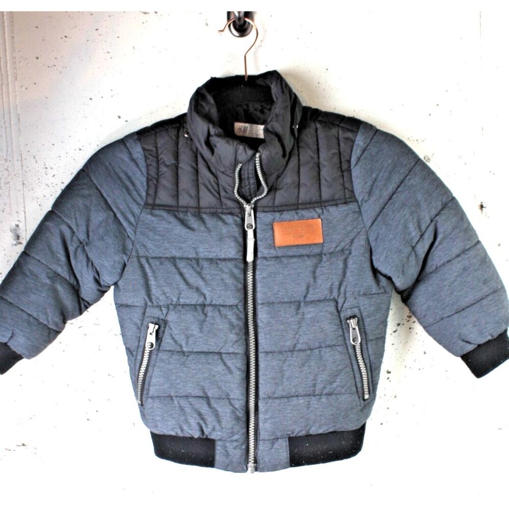 H&M Puffer Jacket Kids sz 5-6 US Gray/Black Water Repellent Pockets